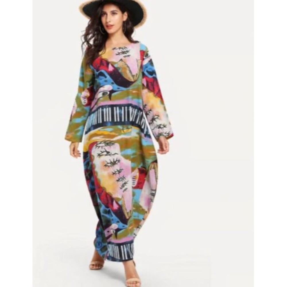 NWT Audate Linen Funky Abstract Eye Boho Kaftan Maxi Dress Sz 2XL